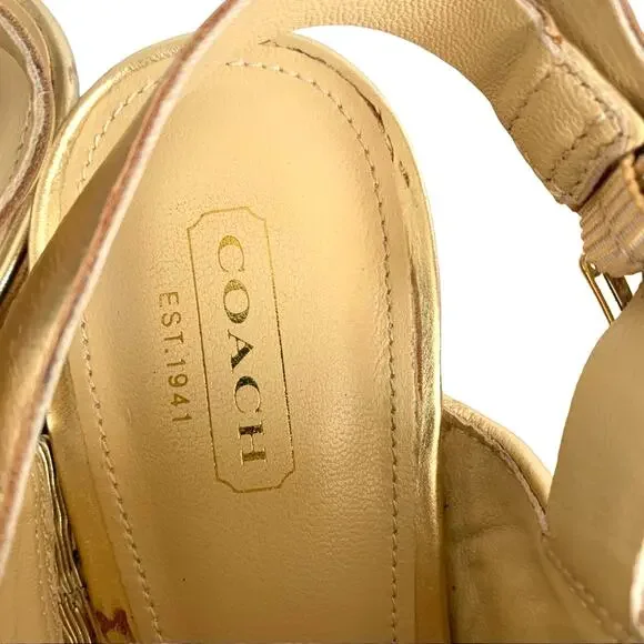 Coach Jezebel Metallic Logo Wood Heel Open Toe Buckle Wedge in Gold Silver 8.5